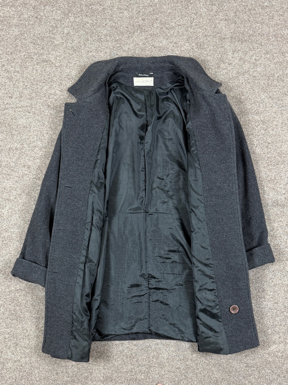 Vintage Sandro Grey Wool Mid Length Single Breasted Coat Womens 14 Drop Shoulder - Picture 3 of 7